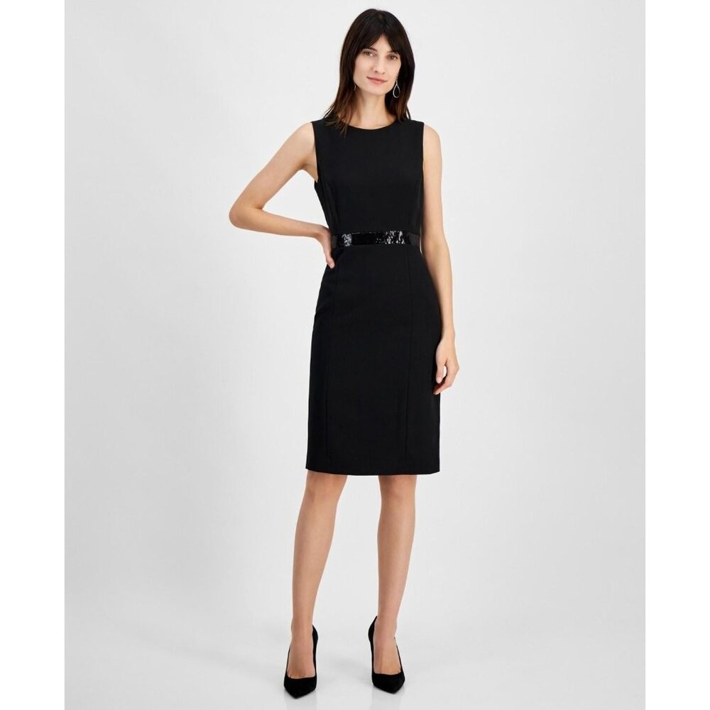 Kasper Dress Womens Petite Size 6P Black Sequin Waist Sheath Cocktail $99